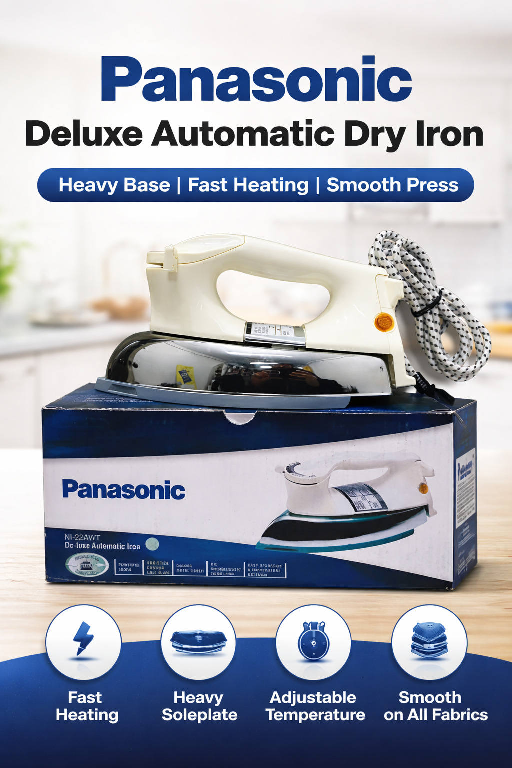 Panasonic NI-22AWT Deluxe Automatic Dry Iron โ 1000W Heavy Press | Non-Stick Soleplate